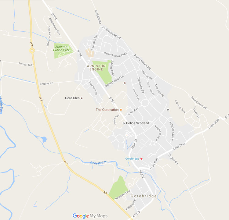 Image map of Gorebridge area with marker pins to show area of disabled persons parking bays