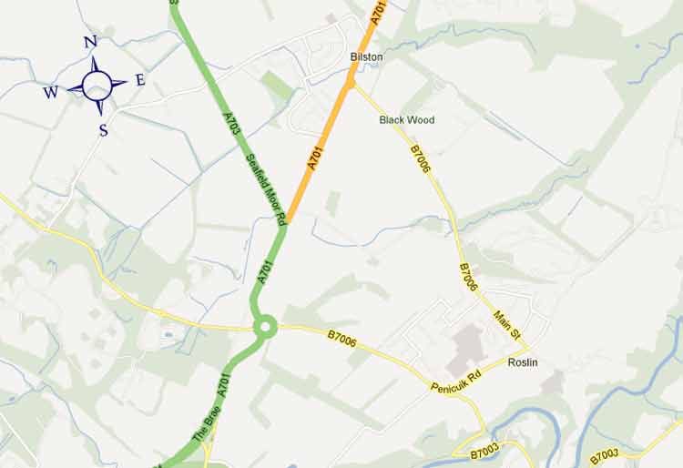 Image map of Roslin area with marker pins to show area of disabled persons parking bays