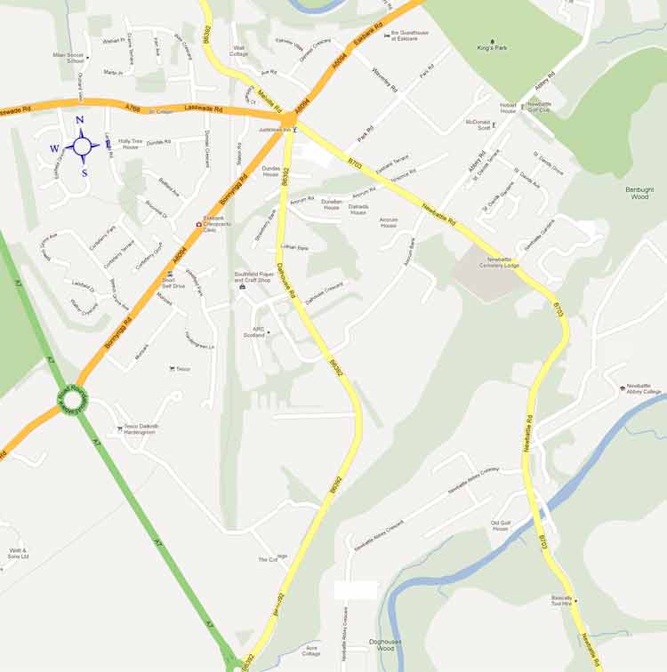 Map of the west side of Dalkeith, with marker pins to show area of disabled persons parking bays