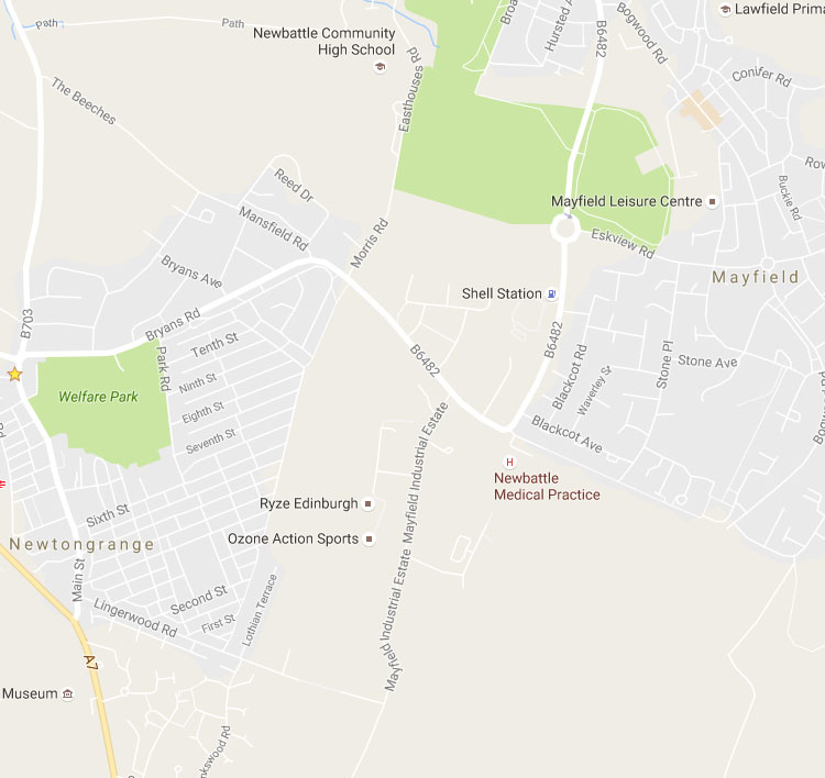 Image map of Newtongrange area with marker pins to show area of disabled persons parking bays