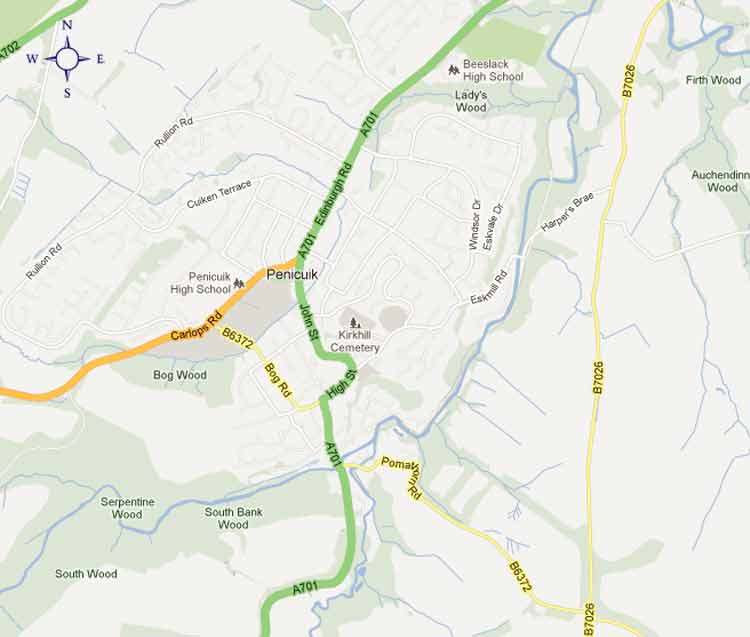 Image map of Penicuik area with marker pins to show area of disabled persons parking bays