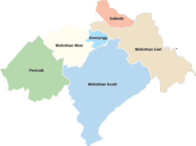 Map of the Midlothian council wards in Scotland and their boundaries.